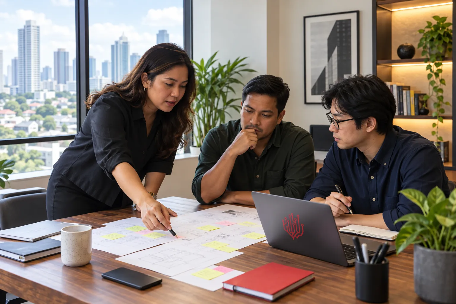 Three technology professionals map an operational workflow together around a shared table.